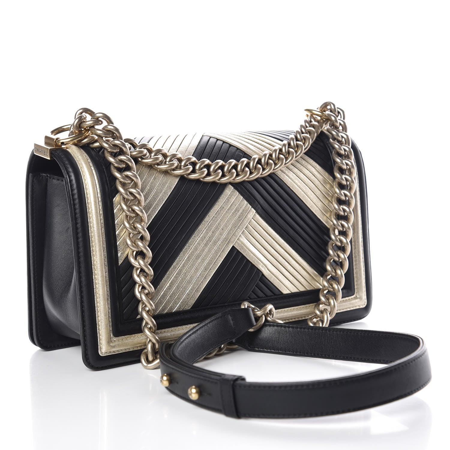 Chanel Metallic Calfskin Pleated Medium Boy In Rome Flap Black Gold 3 of 14