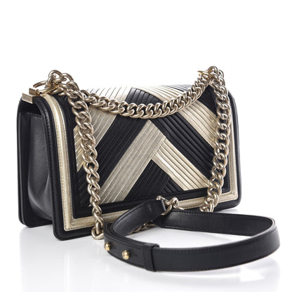 Chanel Metallic Calfskin Pleated Medium Boy In Rome Flap Black Gold 3 of 14