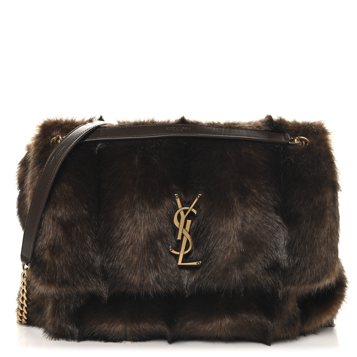 Faux Fur Monogram Large Niki Chain Satchel Deep Walnut Bark