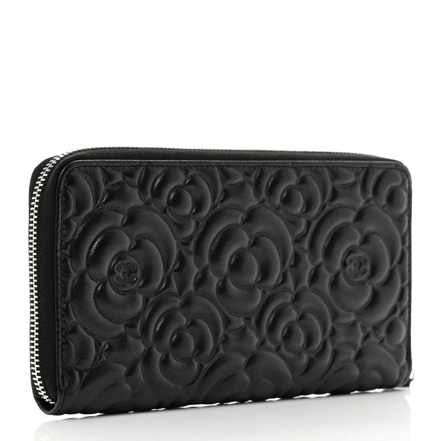 Iridescent Lambskin Camellia Embossed Large Zip Around Gusset Wallet Black