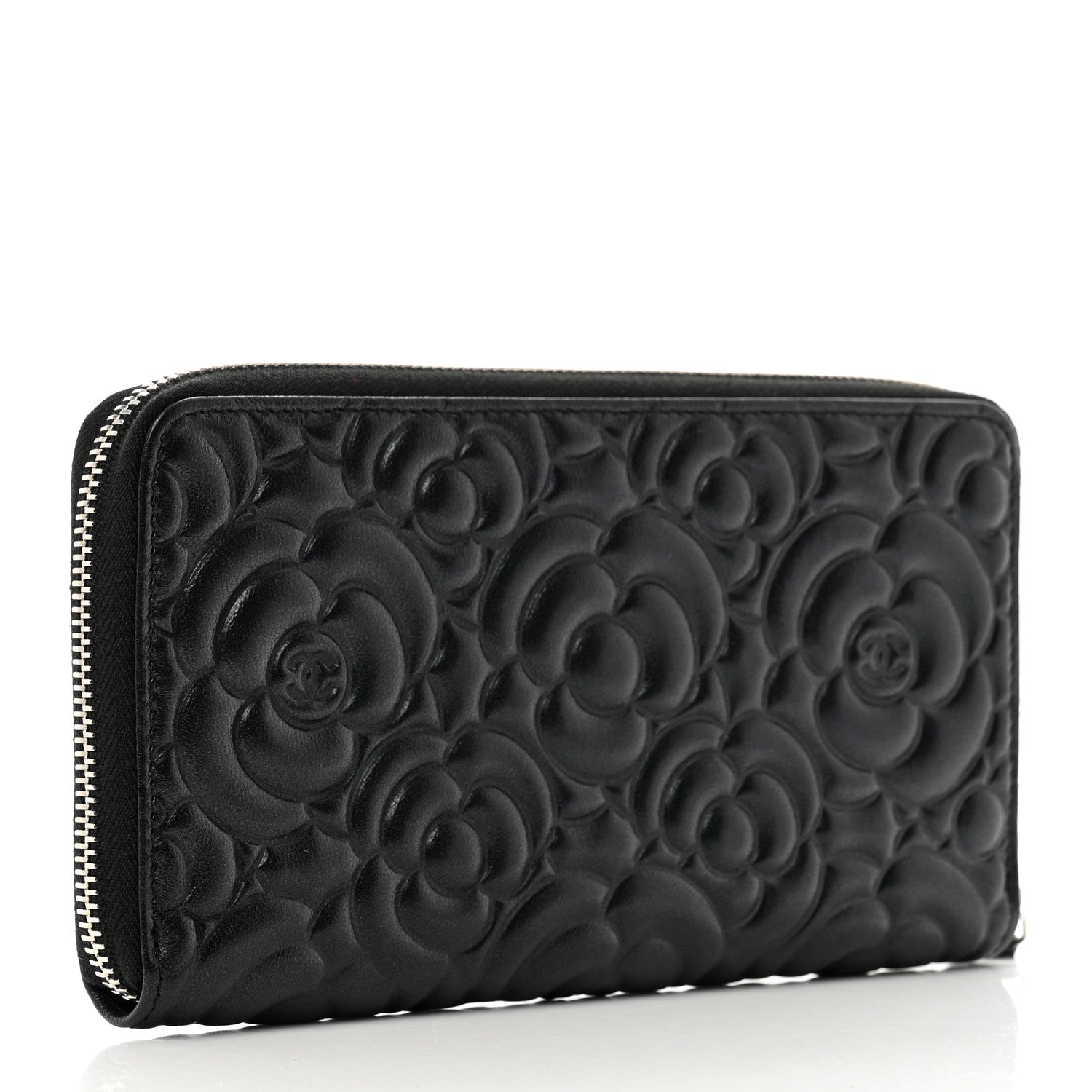 Chanel Iridescent Lambskin Camellia Embossed Large Zip Around Gusset Wallet Black 3 of 9