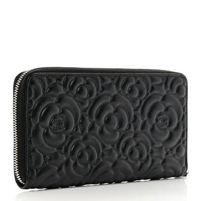 Chanel Iridescent Lambskin Camellia Embossed Large Zip Around Gusset Wallet Black 3 of 9