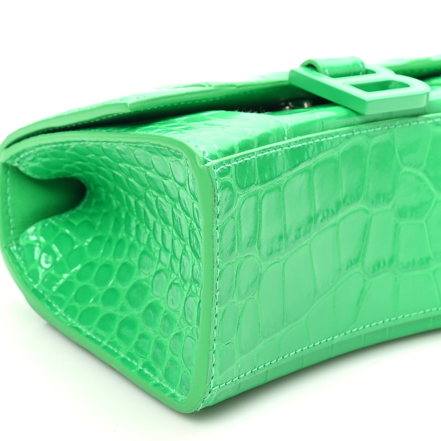 Shiny Calfskin Crocodile Embossed Hourglass Top Handle Bag XS Vivid Green