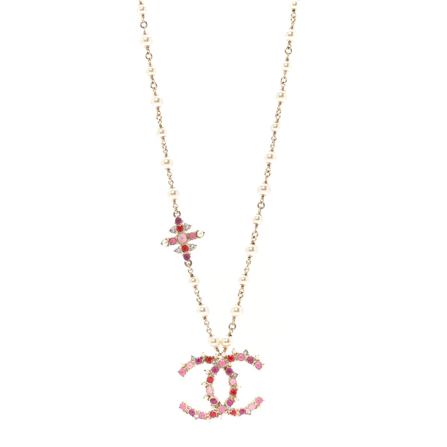 Pearl Crystal Beaded CC Pendant Necklace Gold Pink