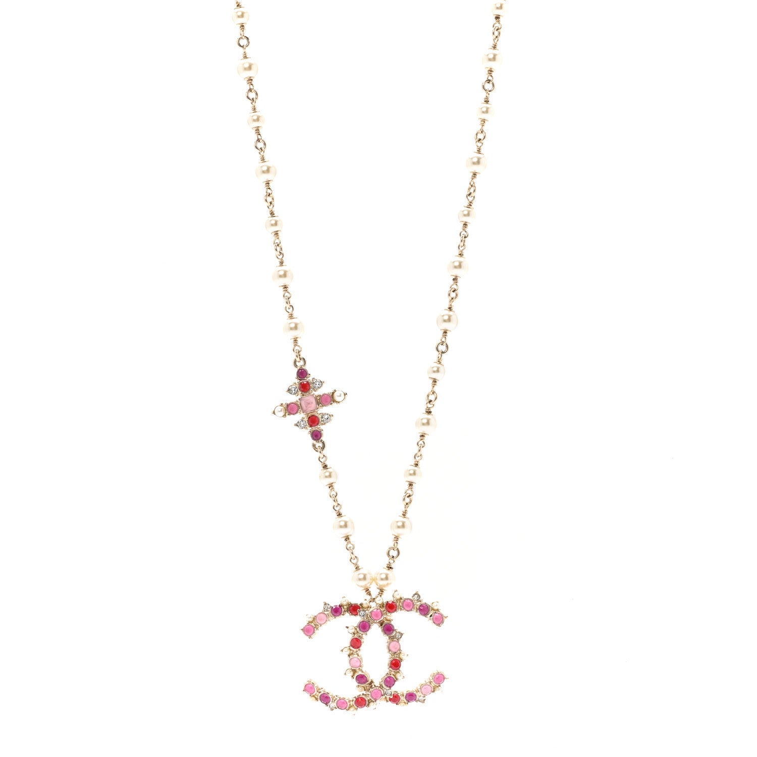 Chanel Pearl Crystal Beaded CC Pendant Necklace Gold Pink 1 of 6