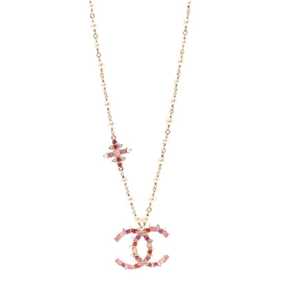 Chanel Pearl Crystal Beaded CC Pendant Necklace Gold Pink 1 of 6