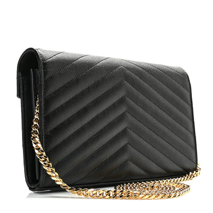 Saint Laurent Grain De Poudre Matelasse Chevron Monogram Chain Wallet Black 5 of 8