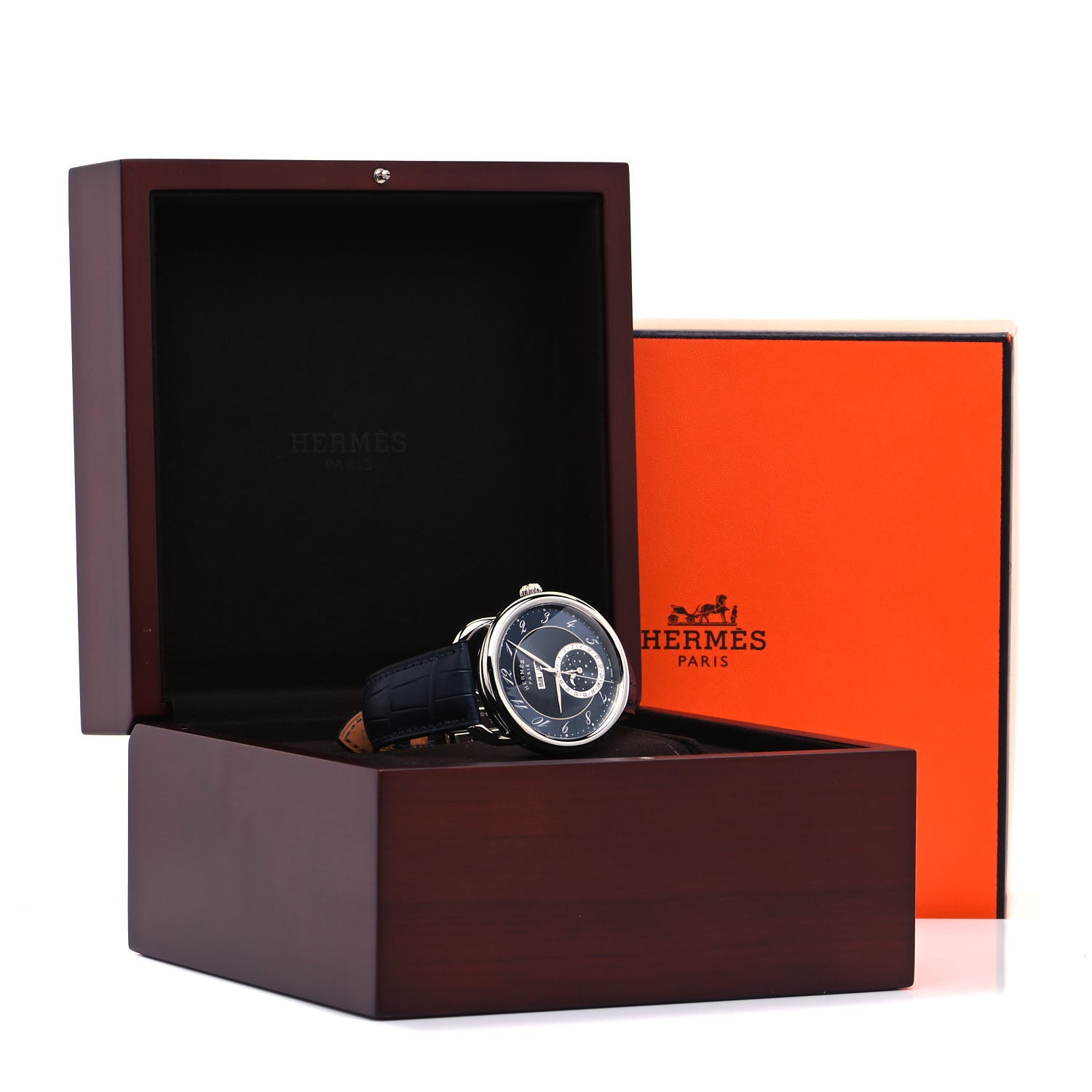 Hermes Stainless Steel Alligator 43mm Arceau Grande Lune Automatic Watch Bleu Abysse 4 of 5