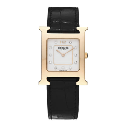 Hermes Stainless Steel Alligator Diamond 26mm Heure H Hour Quartz Watch Noir 1 of 5