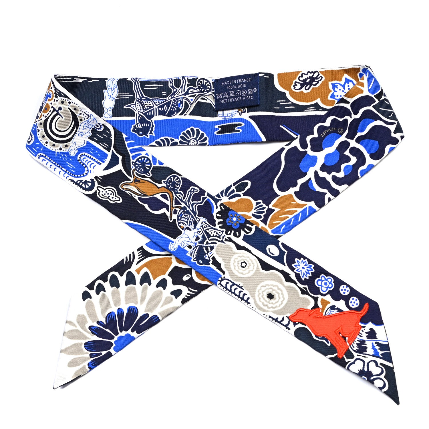 Hermes Silk Bingata Sticker Twilly Marine Tabac Bleu Vif 1 of 5