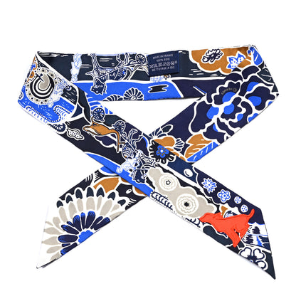 Hermes Silk Bingata Sticker Twilly Marine Tabac Bleu Vif 1 of 5