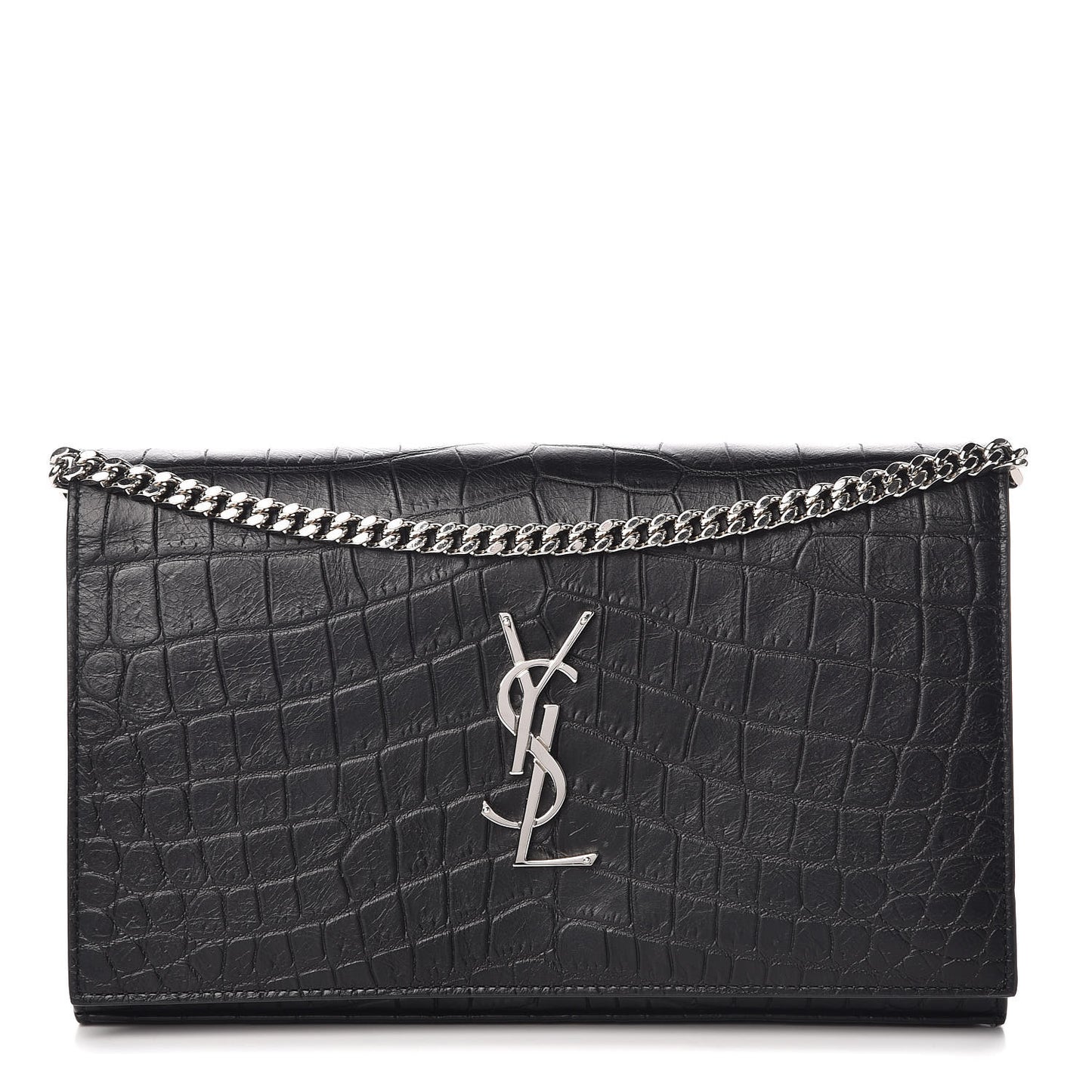 Calfskin Crocodile Embossed Monogram Chain Wallet Black