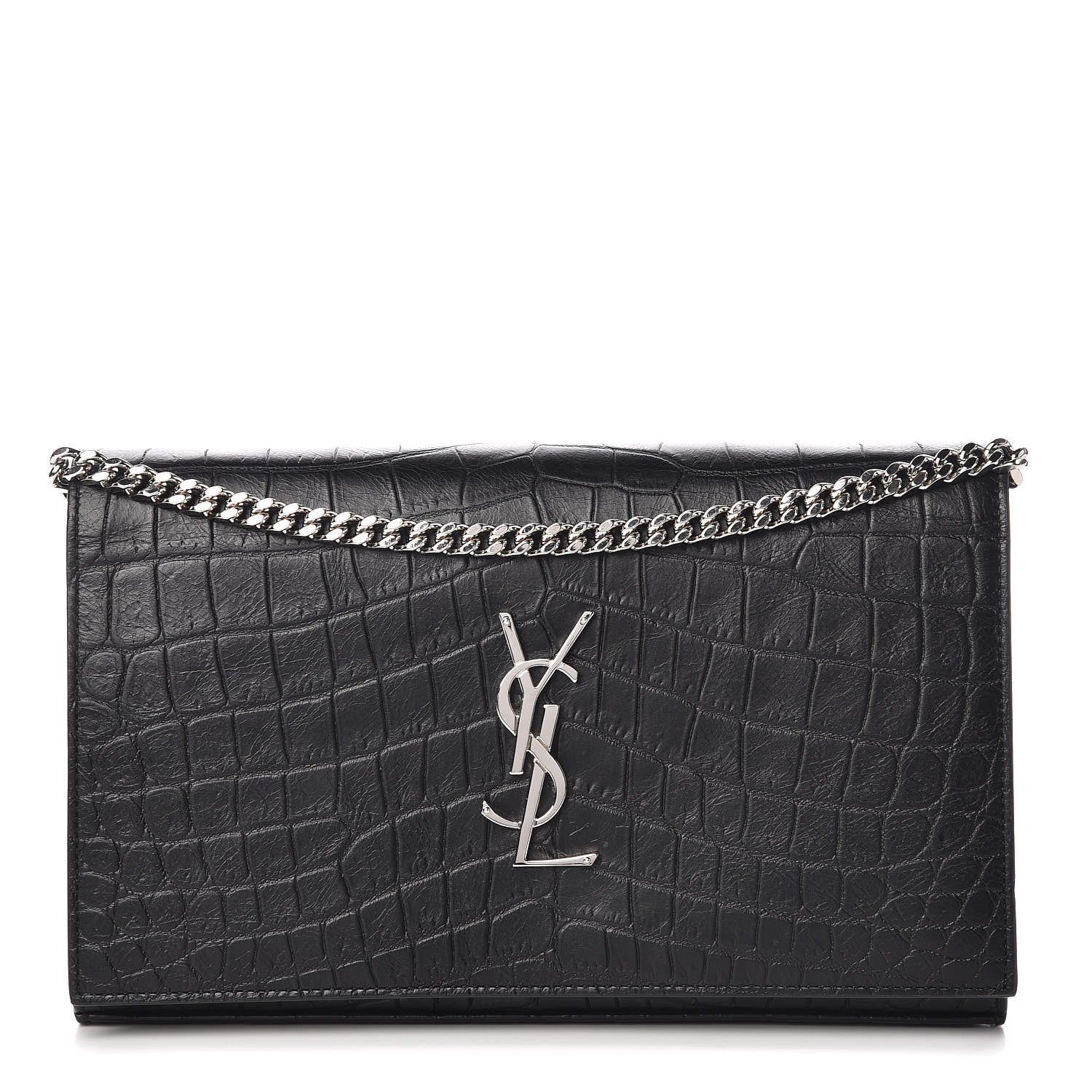 Saint Laurent Calfskin Crocodile Embossed Monogram Chain Wallet Black 1 of 11
