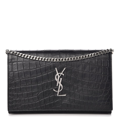 Saint Laurent Calfskin Crocodile Embossed Monogram Chain Wallet Black 1 of 11