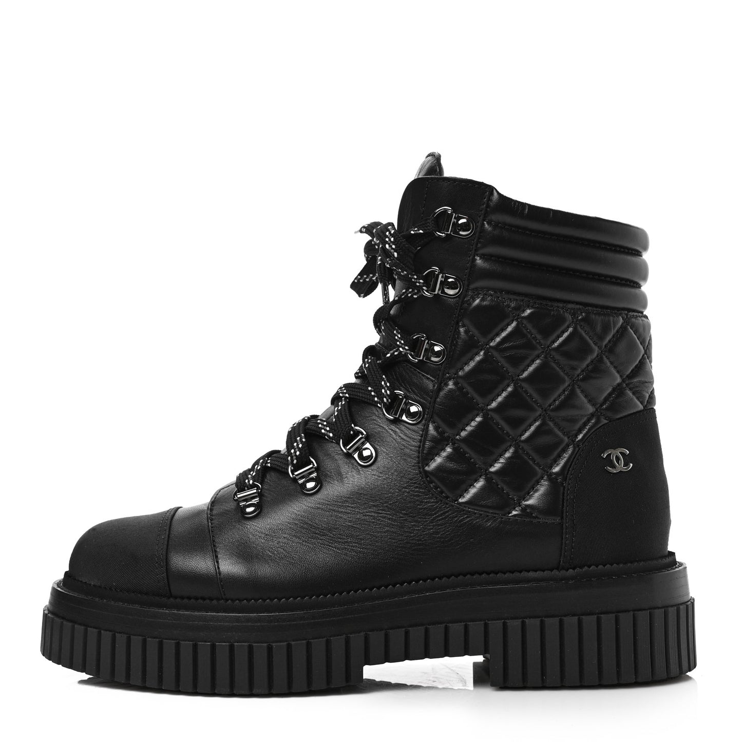 Calfskin Grosgrain Quilted Lace Up Boots 41 Black Grey