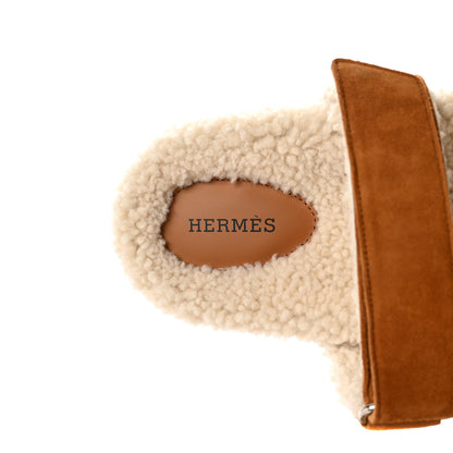 Hermes Suede Goatskin Woolskin Womens Chypre Sandals 39 Brun Fume Ecru 7 of 8