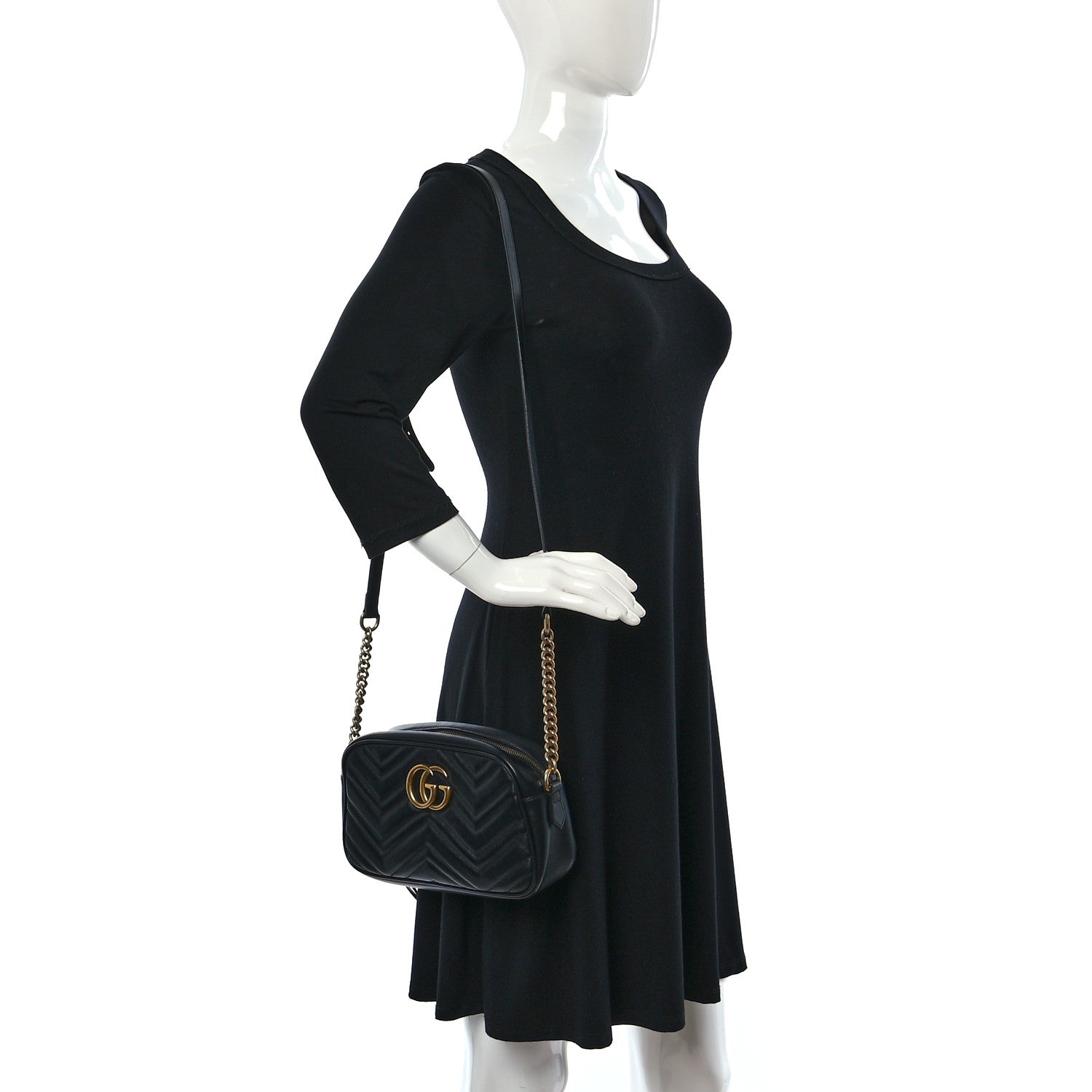 Gucci Calfskin Matelasse Small GG Marmont Chain Shoulder Bag Black 2 of 11