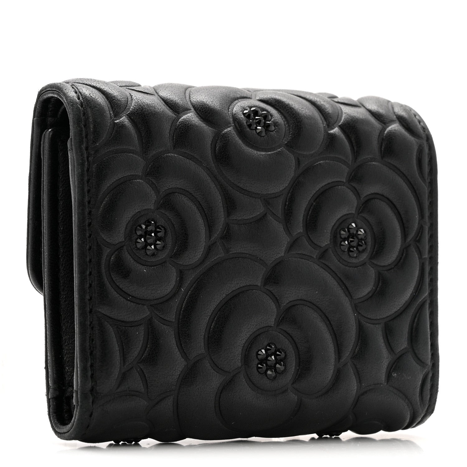 Chanel Lambskin Crystal Camellia Embossed Small Double Wallet