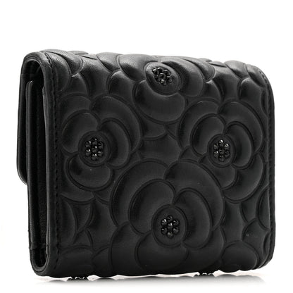 Chanel Lambskin Crystal Camellia Embossed Small Double Wallet Black 3 of 9