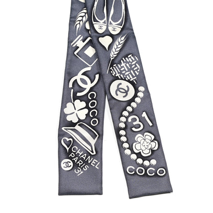 Chanel Silk CC Slim Bandeau Scarf Grey Ecru Black 2 of 3