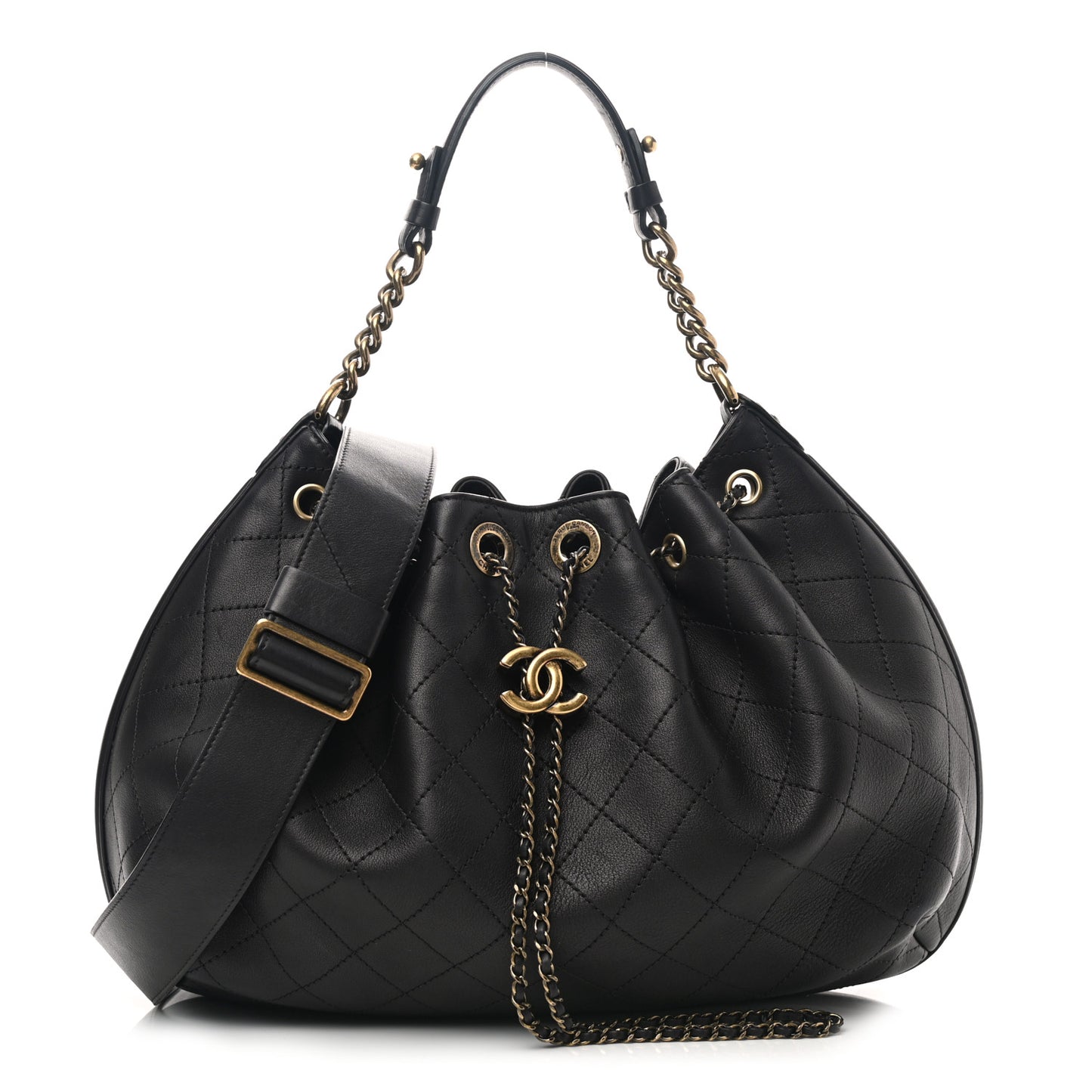 Calfskin Stitched Small Paris Rome Drawstring CC Bag Black