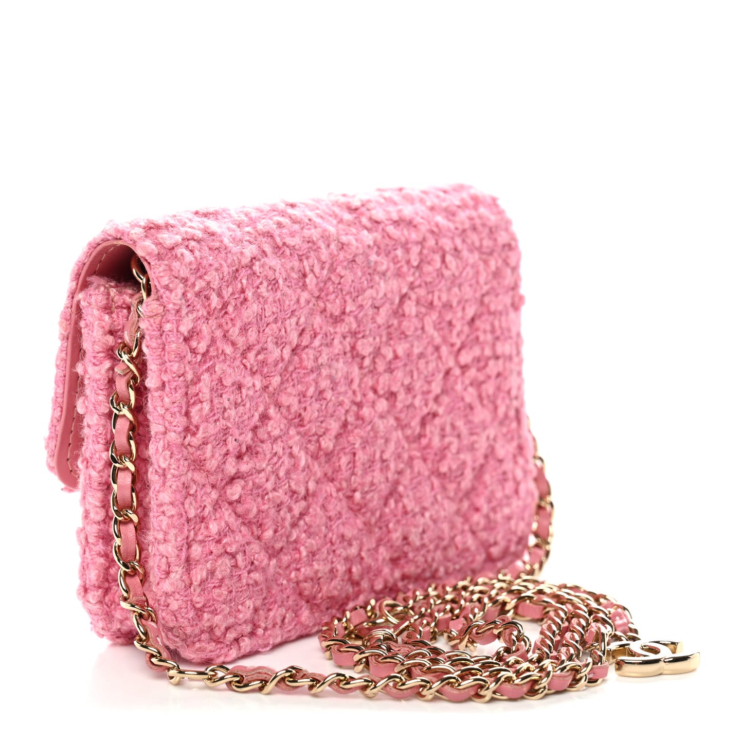 Tweed Quilted Flap Chain Waist Bag Pink