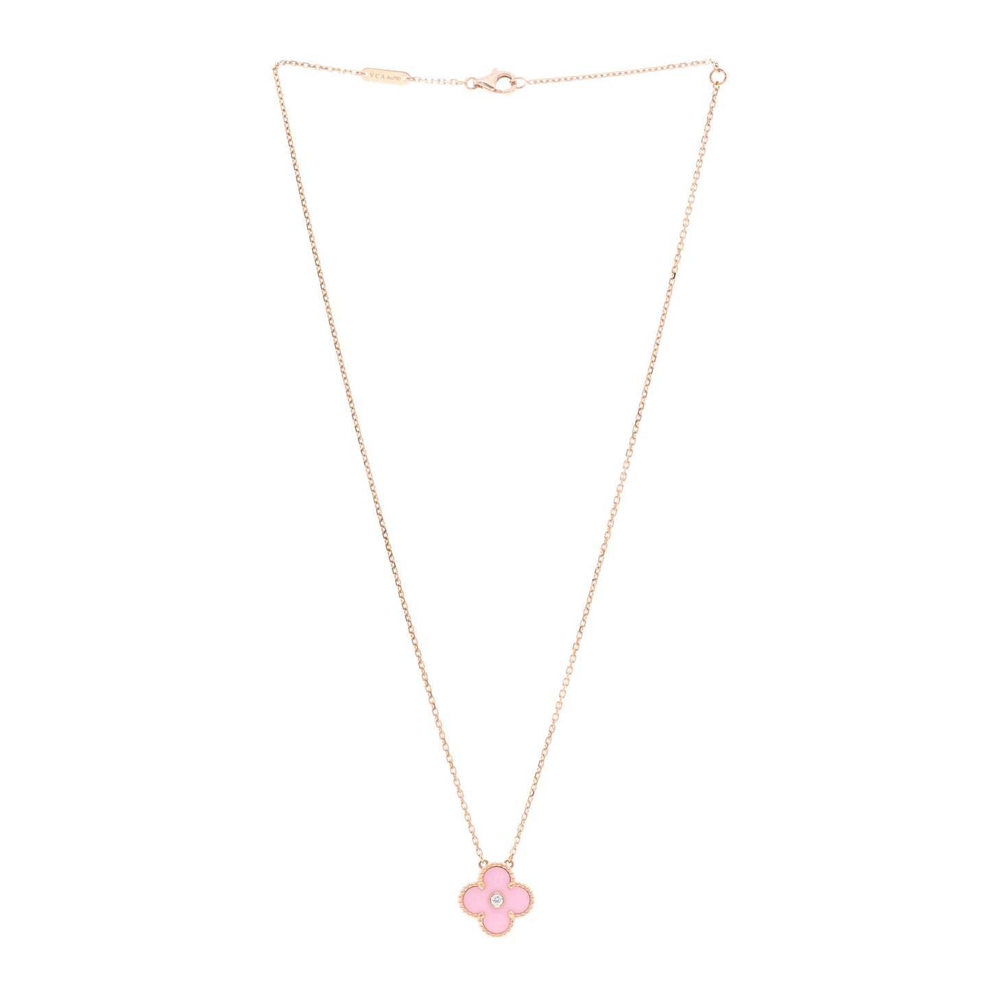 18K Rose Gold Diamond Pink Porcelain Vintage Alhambra Pendant Necklace