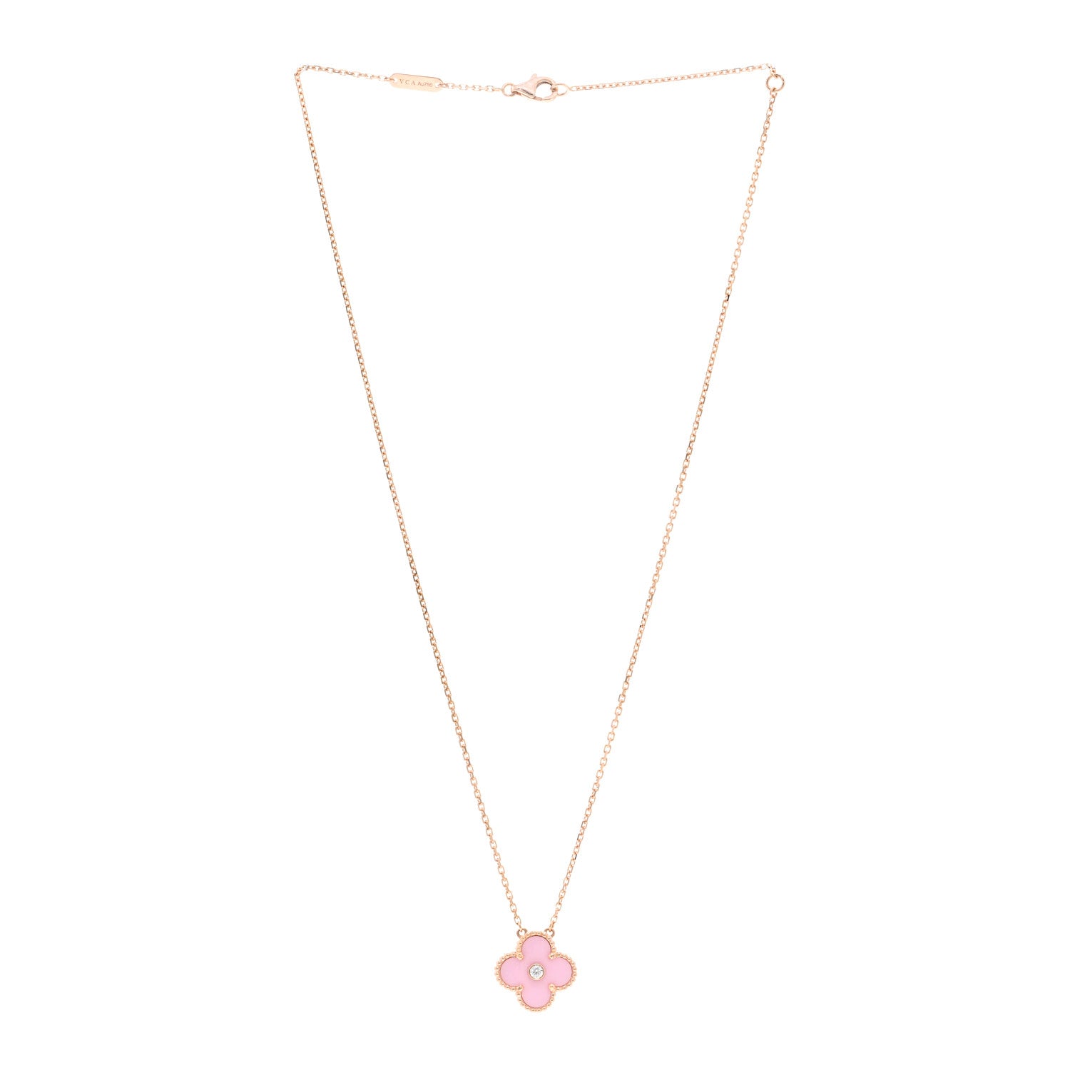 Van Cleef & Arpels 18K Rose Gold Diamond Pink Porcelain Vintage Alhambra Pendant Necklace 3 of 6