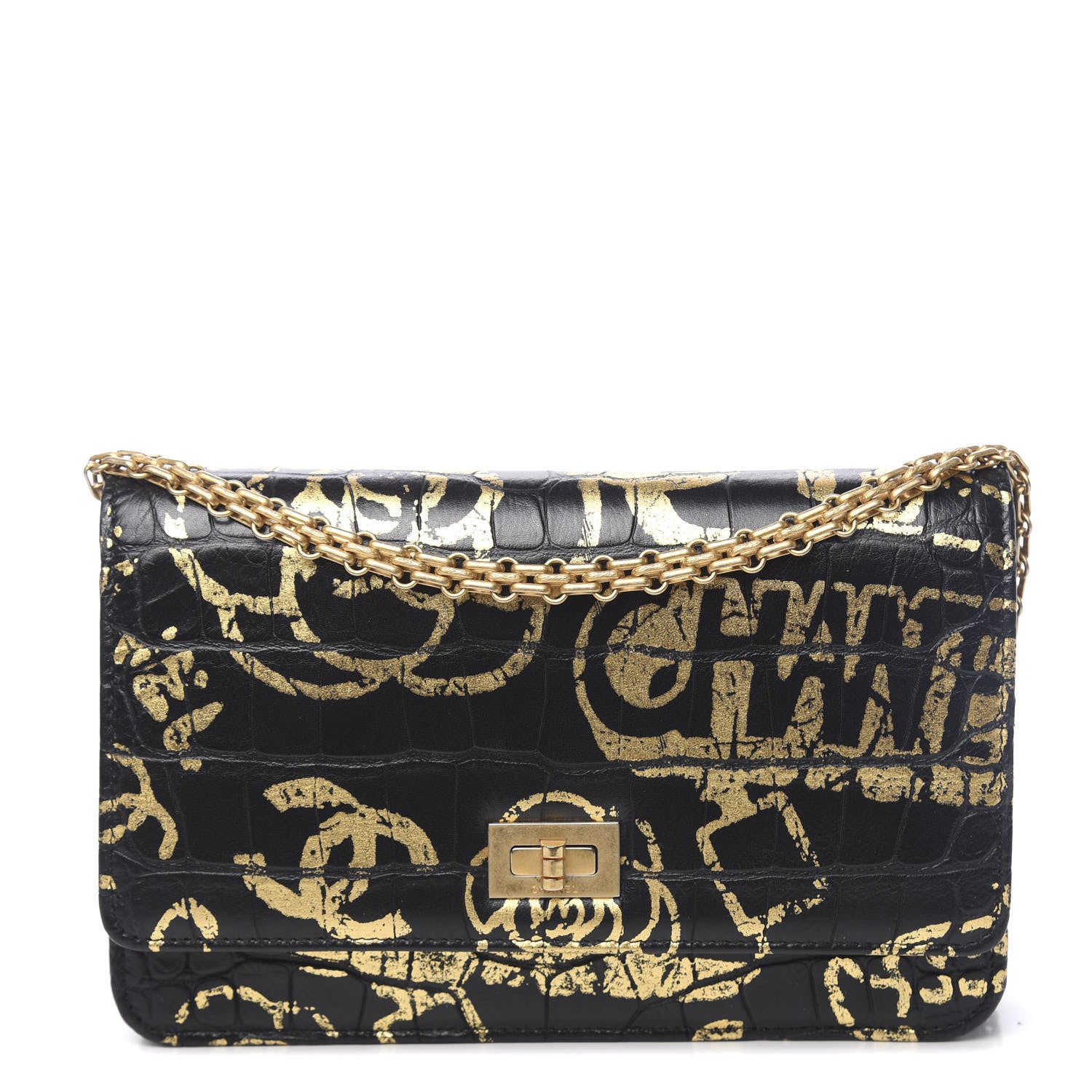 Chanel Calfskin Crocodile Embossed Graffiti 2.55 Cocodile Reissue Wallet On Chain WOC Black Gold 1 of 13