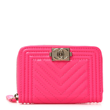 Chanel Patent Chevron Quilted Zip Around Boy Coin Purse Wallet Neon Pink 1 of 7