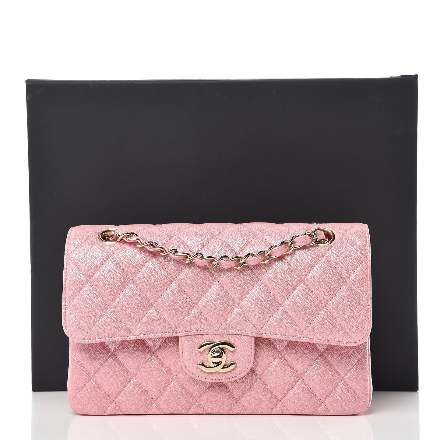 Iridescent Caviar Quilted Small Double Flap Pink