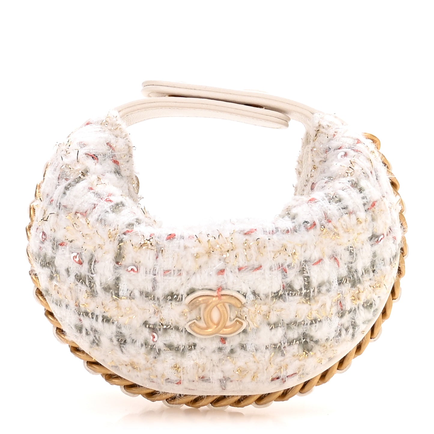 Wool Tweed Quilted Chain Around Mini Pouch Ecru Khaki Gold Red
