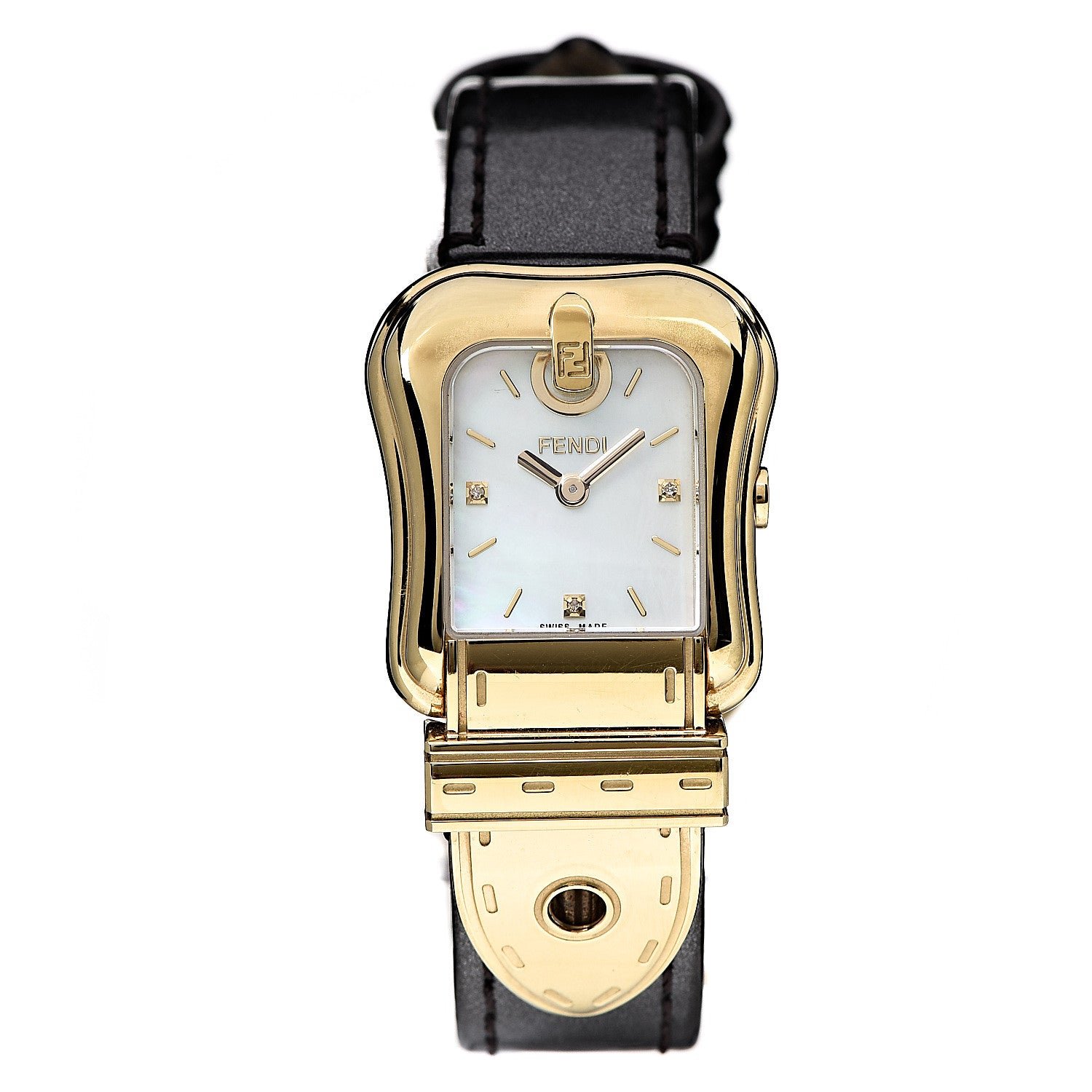 Fendi Stainless Steel Calfskin Diamond Mother of Pearl 22mm B.Fendi Buckle Quartz Watch 1 of 6