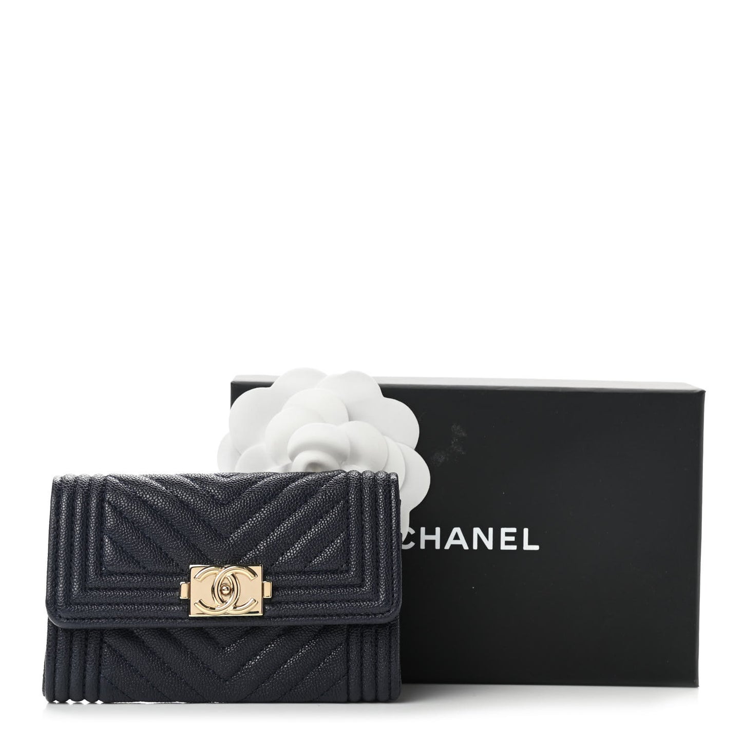Caviar Chevron Quilted Boy Card Holder Wallet Navy