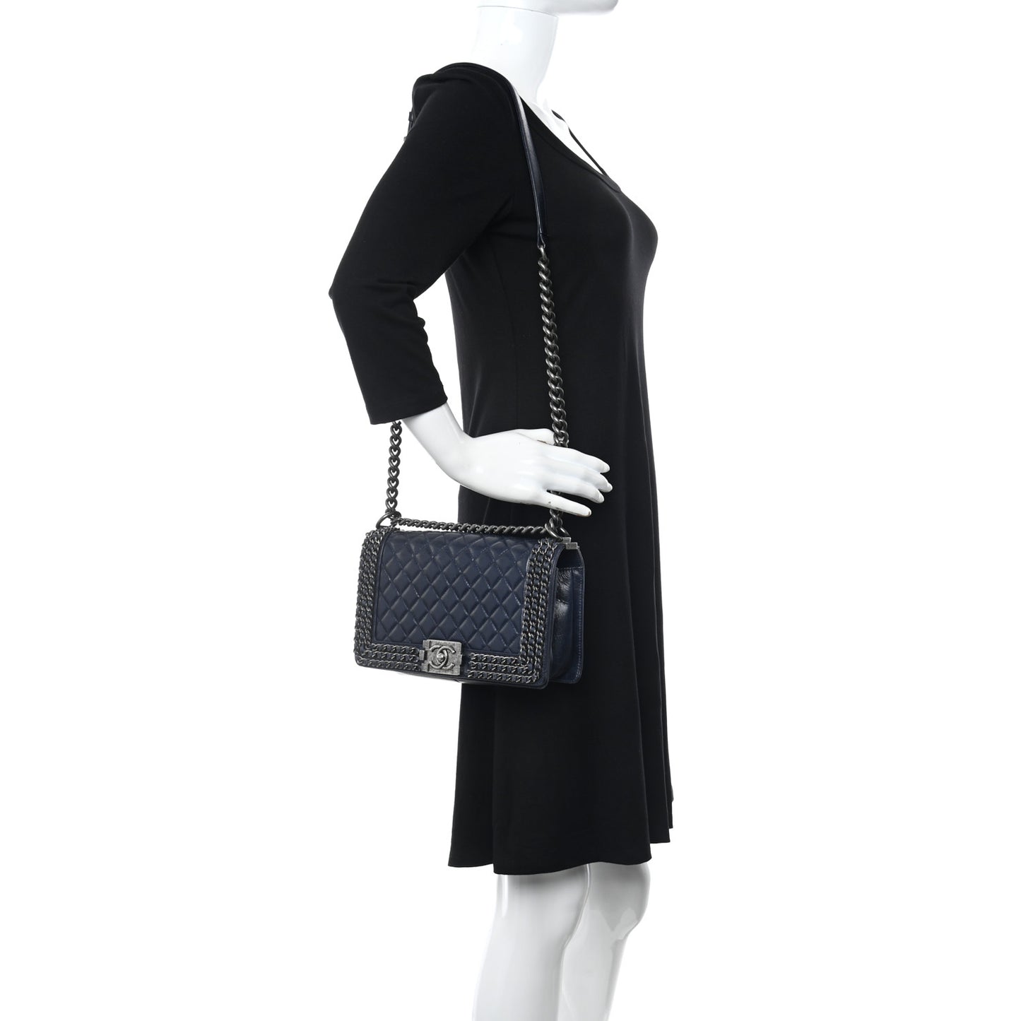 Glazed Calfskin Quilted Medium Boy Chained Flap Blue