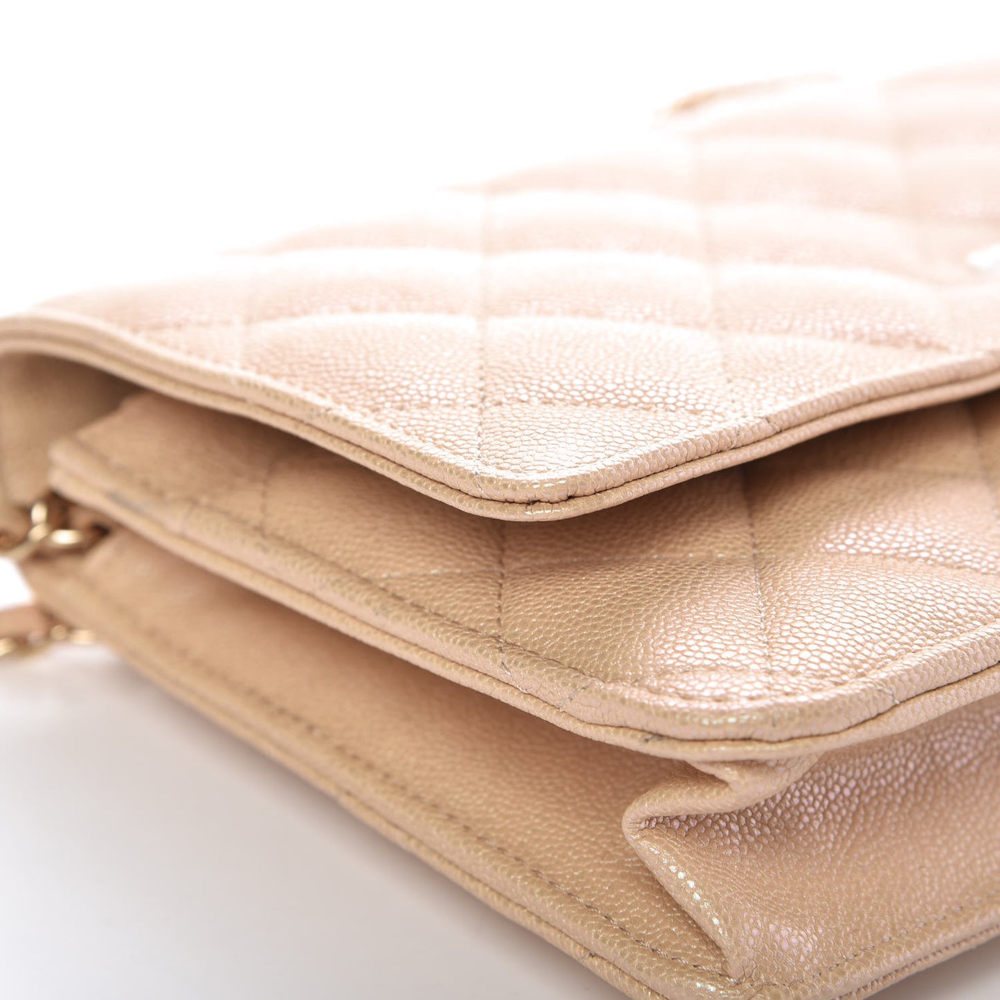 Iridescent Caviar Quilted Wallet On Chain WOC Beige