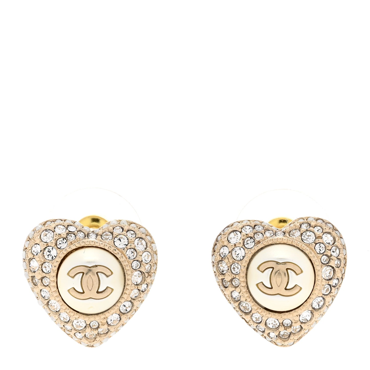 Pearl Crystal CC Heart Earrings Gold White