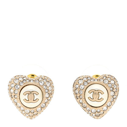 Chanel Pearl Crystal CC Heart Earrings Gold White 1 of 5