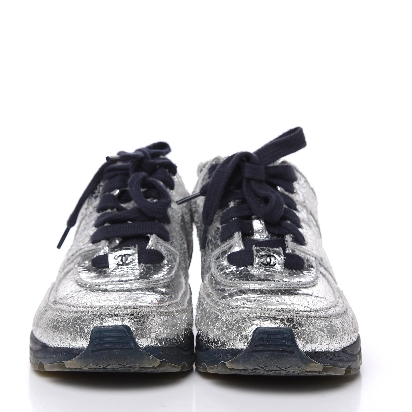 Metallic Crackled Calfskin CC Sneakers 39 Silver