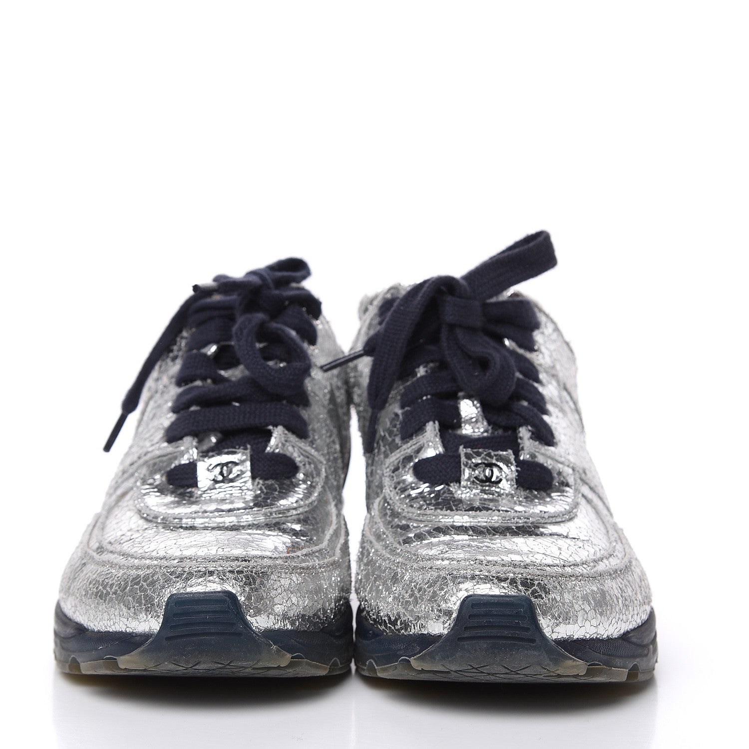 Chanel Metallic Crackled Calfskin CC Sneakers 39 Silver 2 of 13