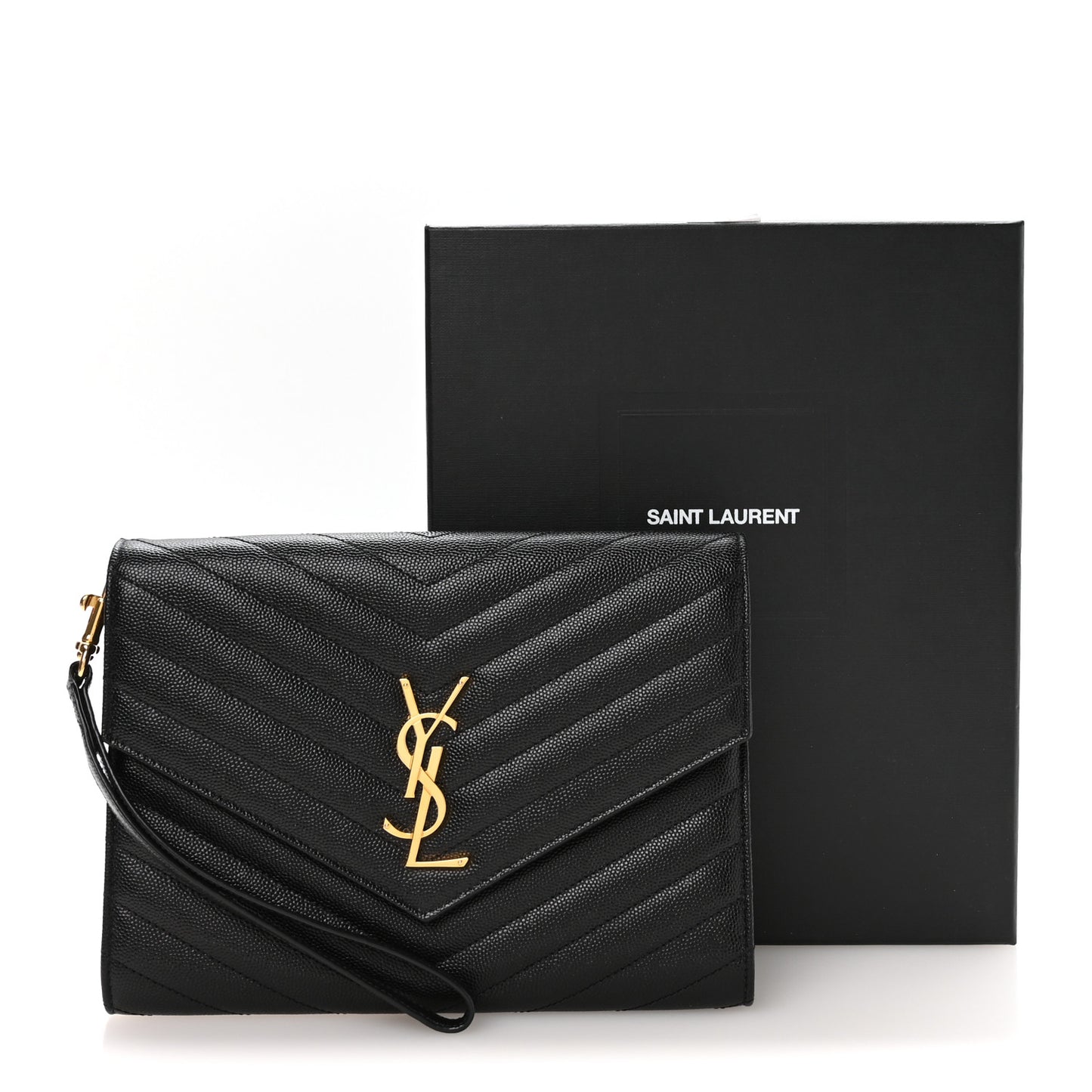 Grain De Poudre Matelasse Chevron Monogram Envelope Clutch Black