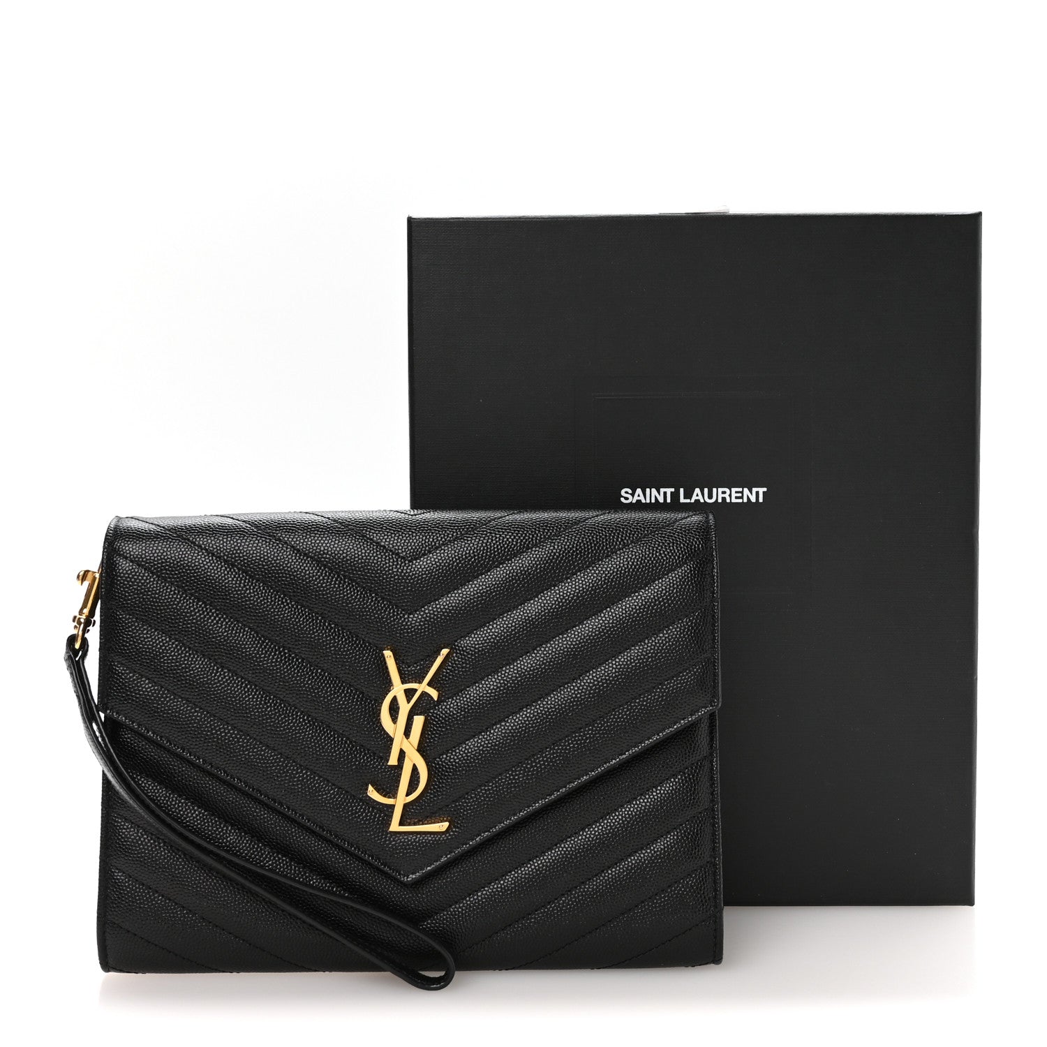 Saint Laurent Grain De Poudre Matelasse Chevron Monogram Envelope Clutch Black 8 of 8