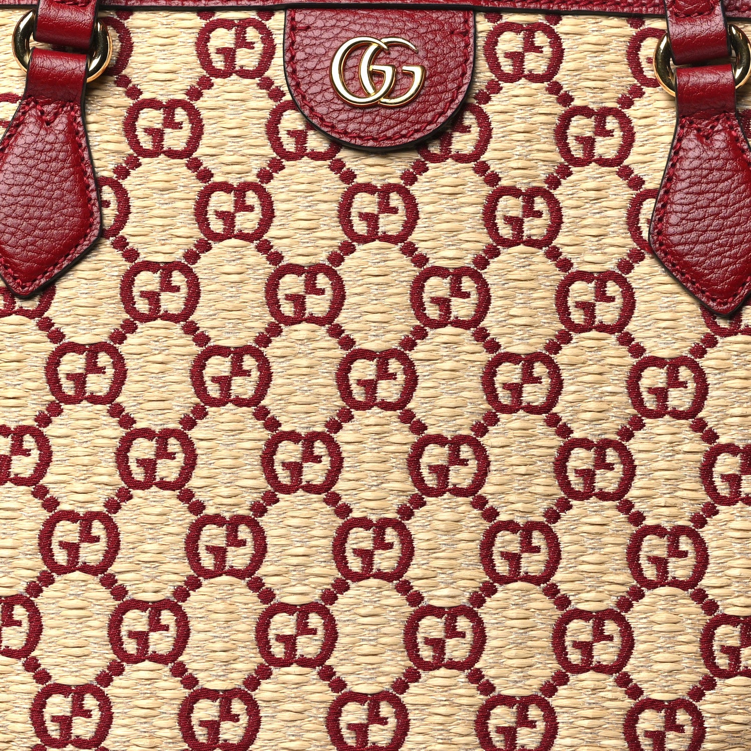 Gucci Straw Jacquard Dollar Calfskin GG Monogram Medium Ophidia Shopping Tote Natural New Cherry Red 8 of 13