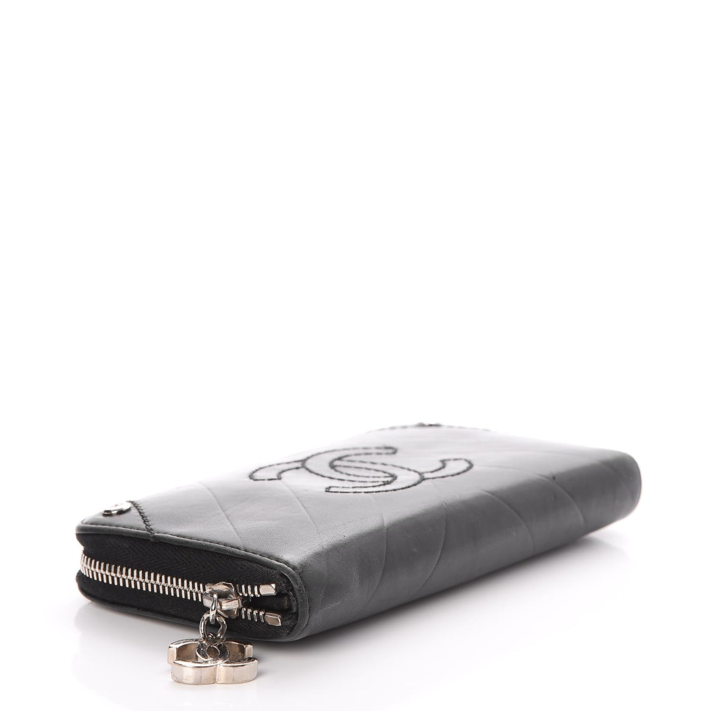Lambskin Chevron Quilted CC Zip Around Wallet Black