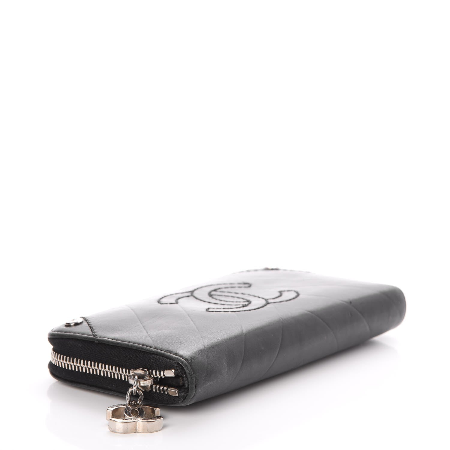 Chanel Lambskin Chevron Quilted CC Zip Around Wallet Black 4 of 9
