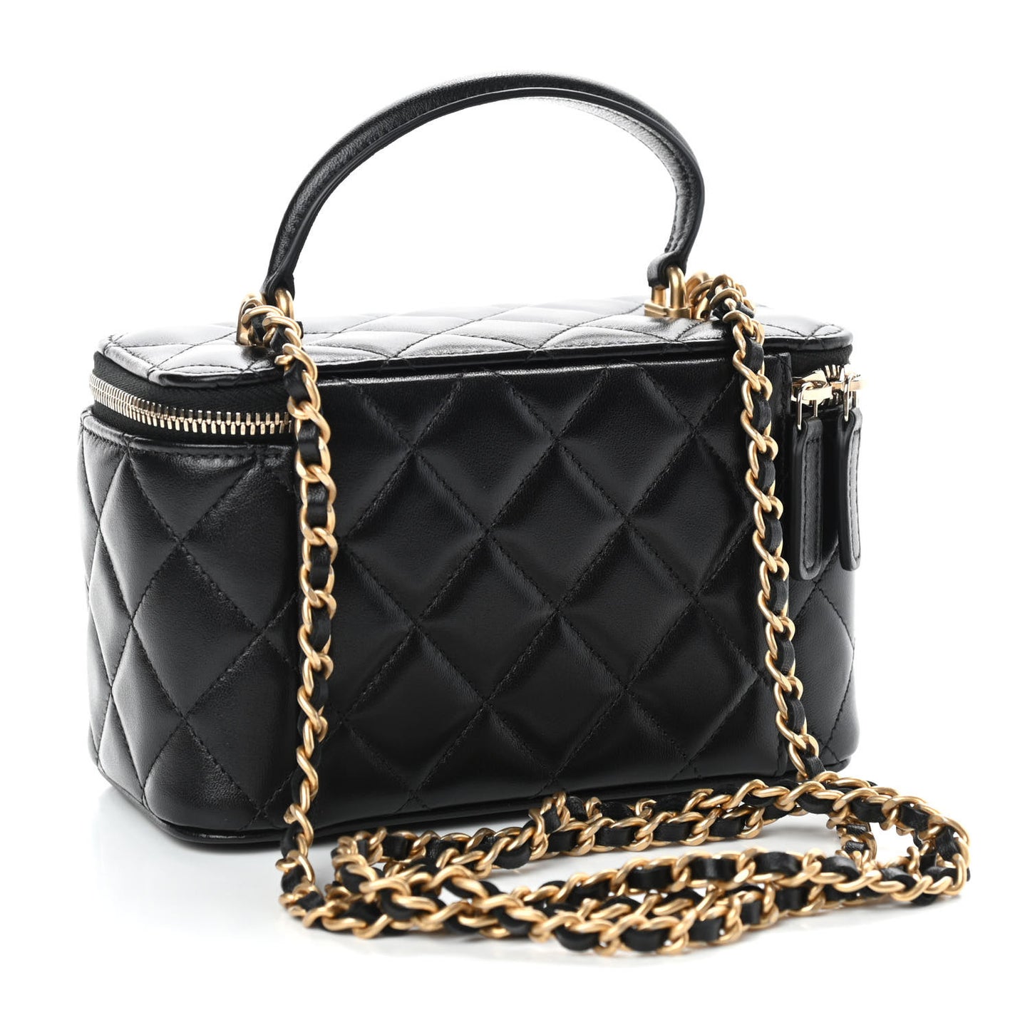 Lambskin Quilted Small Top Handle Vanity Case With Chain Black