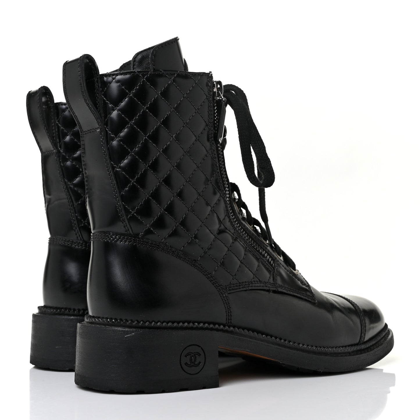 Calfskin Quilted Lace Up Combat Boots 38.5 Black