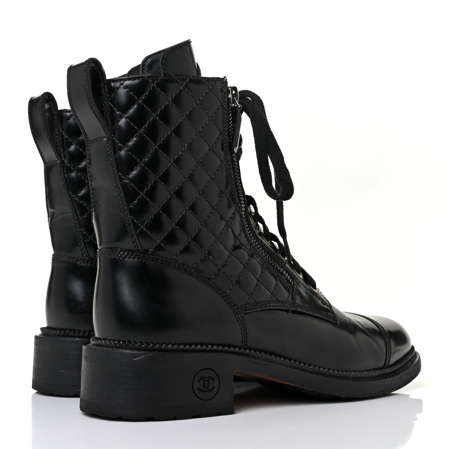 Chanel Calfskin Quilted Lace Up Combat Boots 38.5 Black 4 of 7