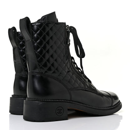 Chanel Calfskin Quilted Lace Up Combat Boots 38.5 Black 4 of 7