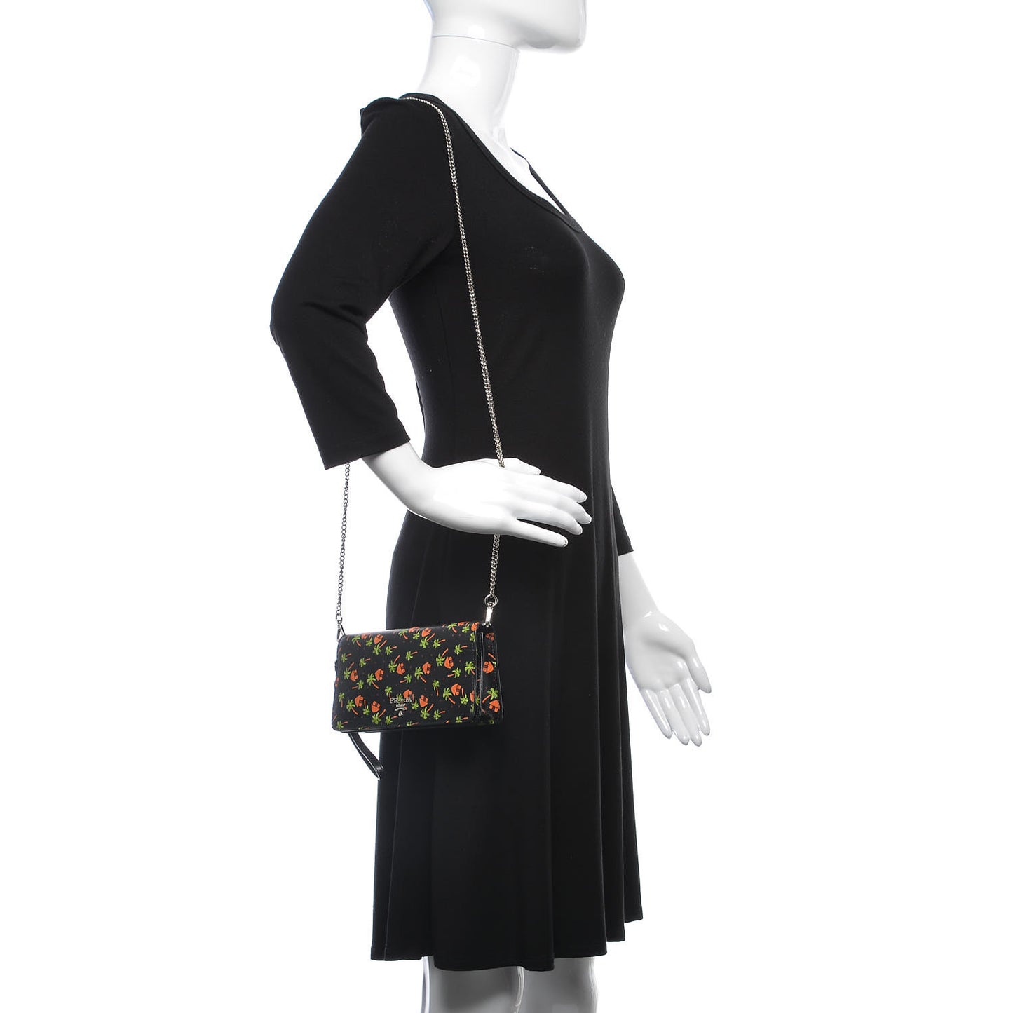 Saffiano Palm Tree Print Chain Wallet Black